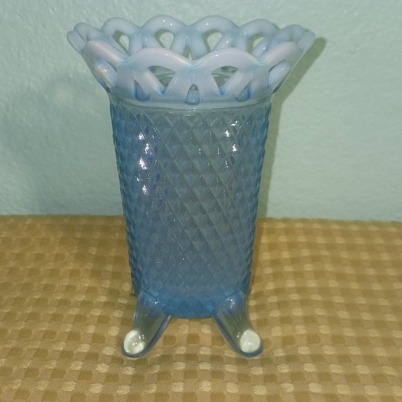Vintage Imperial Glass Katy Blue Opalescent Vase with Lace Top - Picture 4 of 6